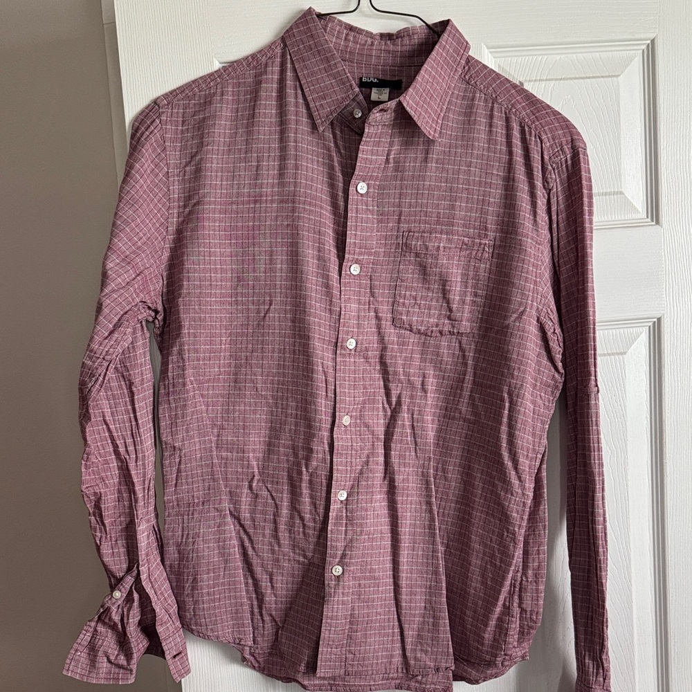 BDG Men's Casual lightweight Pink Plaid Shirt